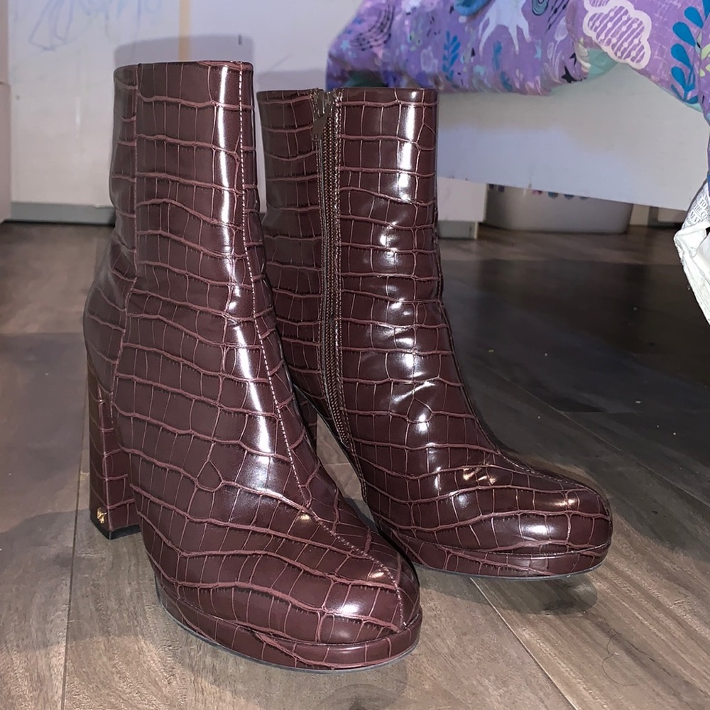 Rachel Zoey faux croc brown ankle boots